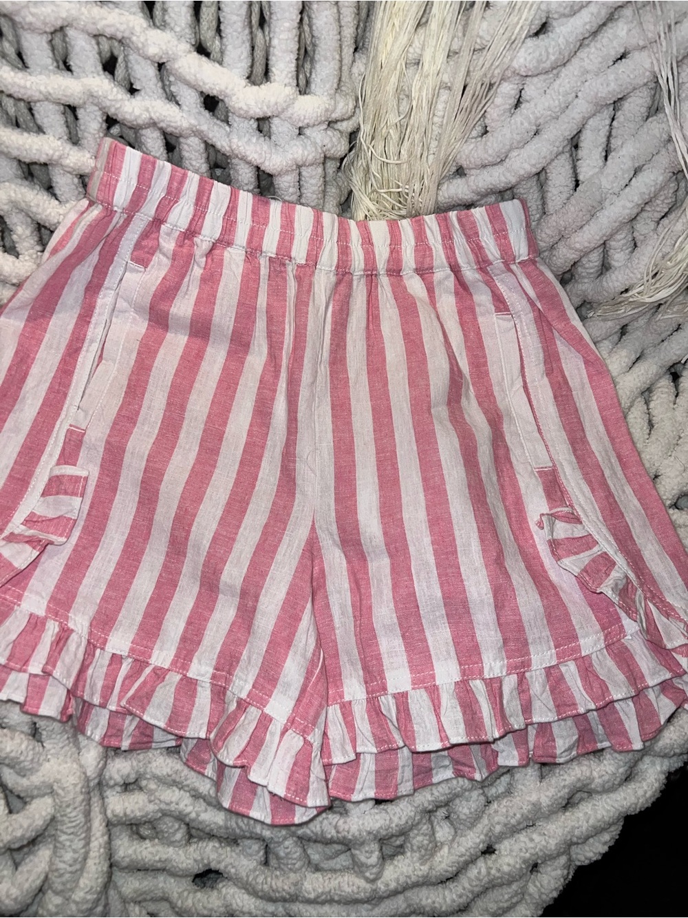 beachlunchlounge Pink and White Striped Ruffle Hem High Waist Shorts